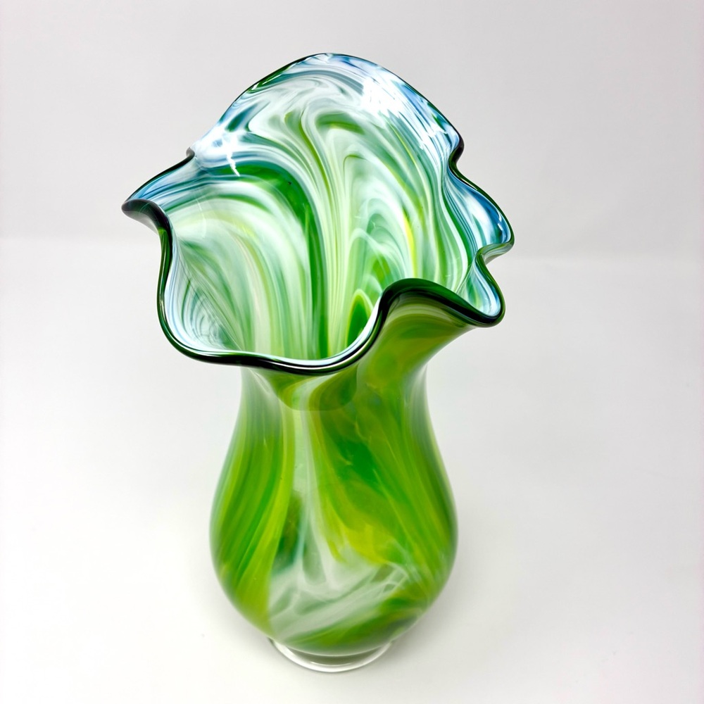Art Glass Swing Vase Green Swirl Artist Signed Hand Blown Clear Pedestal Base